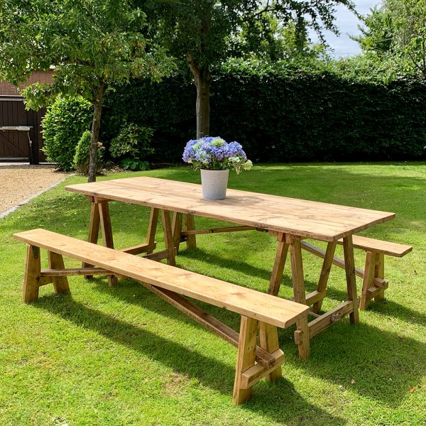 Rustic trestle tables and benches for hire